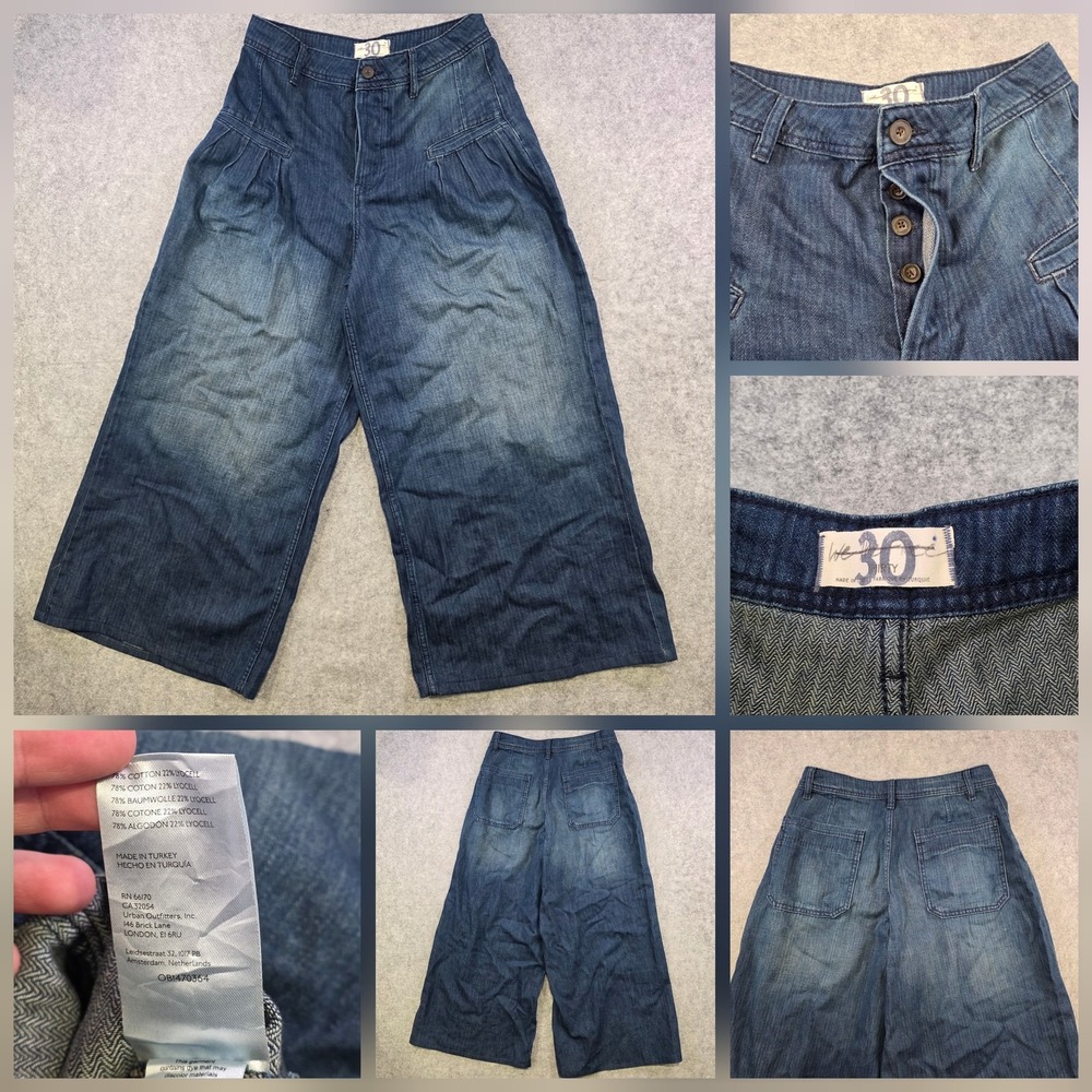 Wide Leg Cropped Denim Jeans - Blue